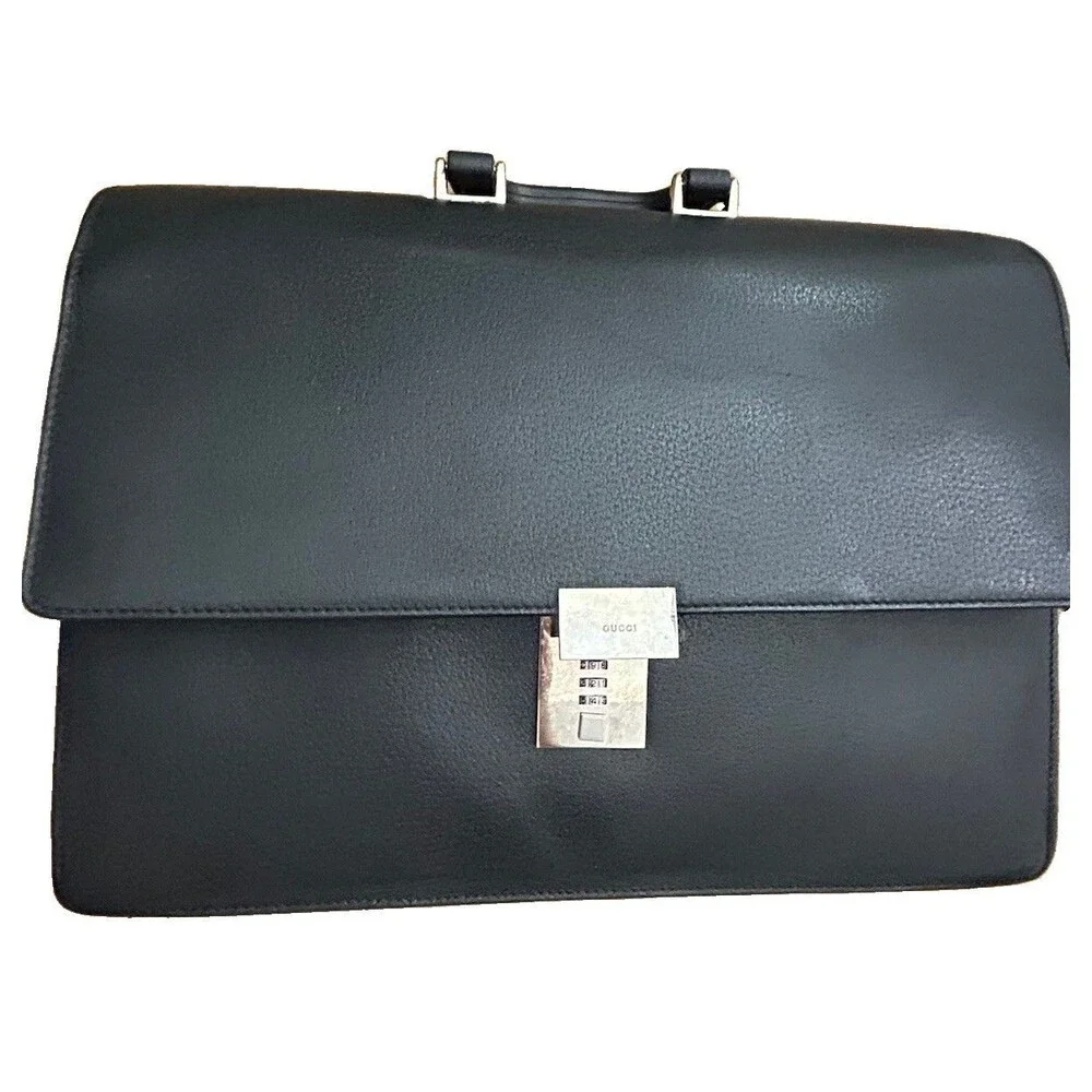 Gucci Pebbled Calfskin Executive Briefcase Silver Lock Near Mint Vintage